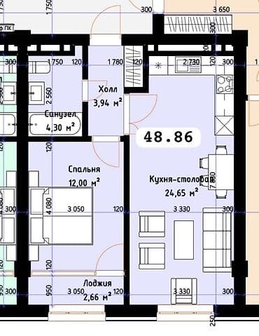 студийные: 2 комнаты, 49 м² — 1