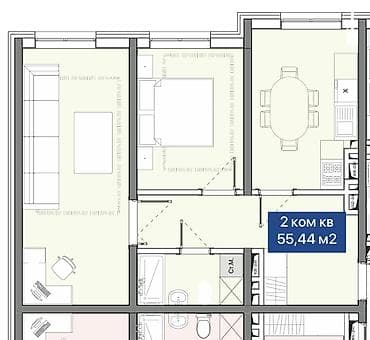 2 комнаты, 55 м², 2 этаж — 2