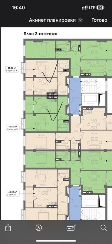 дома в районе пишпек: 1 комната, 42 м², Элитка, 6 этаж, ПСО (под самоотделку) — 3