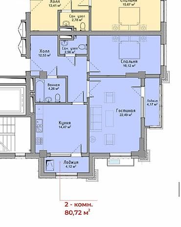 2 bedroom: 2 комнаты, 80 м², Асанбай мкр Элитка, 6 этаж, ПСО (под самоотделку) — 2