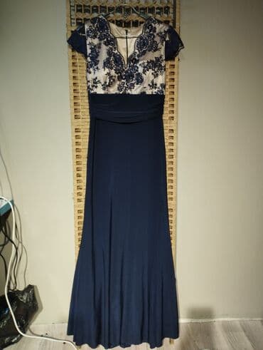 синее вечернее платье в пол: Вечернее платье, Классическое, Длинная модель, Шелк, Без рукавов, Стразы, L — 1