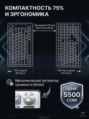 чехлы 11: Клавиатура, Aula, Механическая, Проводное, Bluetooth подключение, Размер: 75% — 4