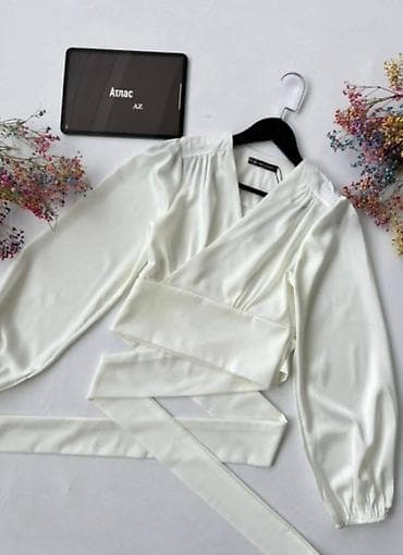slim patch: Атласная блузка с запахом и длинными лентами для пояса - Материал — 1
