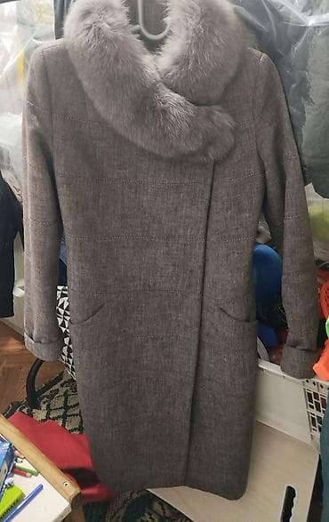 женское пальто с мехом: Пальто, Осень-весна, Твид, Длинная модель, Карманы накладные, S — 1