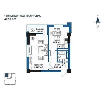 brk group: 1 комната, 47 м², Асанбай мкр Элитка, 12 этаж, ПСО (под самоотделку) — 1