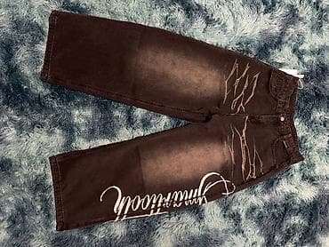 Широкие джинсы карго-стайл, черные с эффектом выцветания и принтами — 2