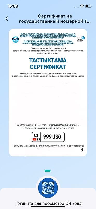 Сертификат на государственный регистрационный номер с особой