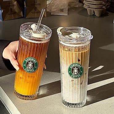 бокалы для сока: Высокие стеклянные стаканы Sunshine Coffee с крышкой и трубочкой - — 4