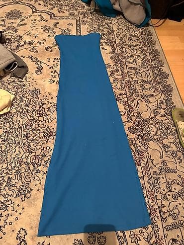 Кофты, свитеры: Платье-микс 2-в-1: синее трикотажное миди + верх-рубашка в тонкую — 7