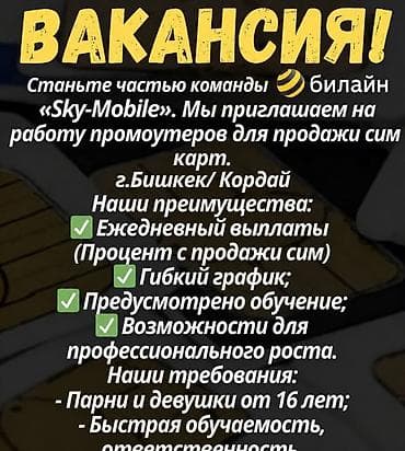 Вакансия: промоутер по продаже SIM‑карт (Beeline, Sky‑Mobile)