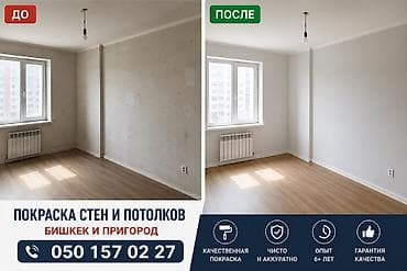 Покраска стен, Покраска потолков, Покраска окон, На масляной основе, На водной основе, Больше 6 лет опыта