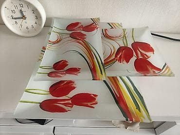 тарелка: Набор стеклянных тарелок с рисунком тюльпанов - Материал: закалённое — 1