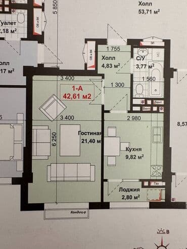 купить квартиру под самоотделку в бишкеке: 1 комната, 42 м², Элитка, 12 этаж, Евроремонт — 4