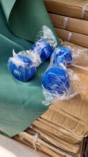 гантели для начинающих дома: Пара синих гантелей весом 3 кг каждая. Компактная форма и небольшой — 1