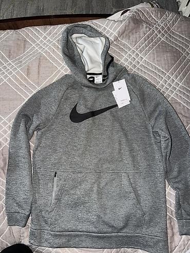 теплые мужские толстовки: Толстовка с капюшоном Nike, серый меланж. - Модель: худи с крупным — 2
