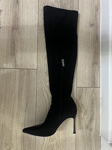 сапоги ботфорды: Черные женские сапоги-чулки на шпильке. - Модель: высокий сапог до — 2