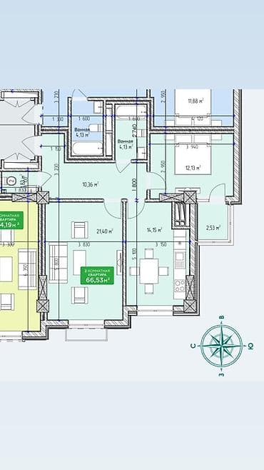 квартиры в районе бишкек парк: 2 комнаты, 67 м², Элитка, 13 этаж, Готовая ПСО (под самоотделку) — 4