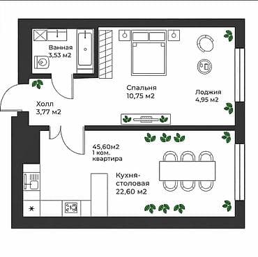 46: 2 комнаты, 46 м², Элитка, 3 этаж, Готовая ПСО (под самоотделку) — 3