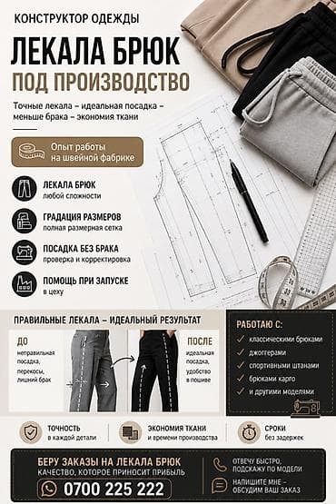Изготовление лекал | Швейный цех | Женская одежда, Мужская одежда, Детская одежда | Штаны, брюки at lalafo.kg Изготовление лекал | Швейный цех | Женская одежда, Мужская одежда, Детская одежда | Штаны, брюки