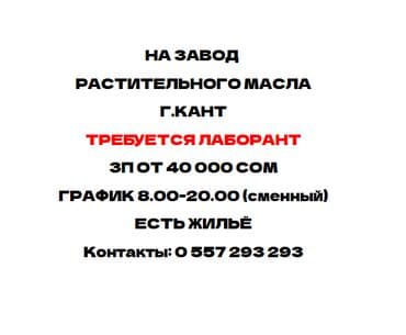 мектепке мугалим керек: Требуется Лаборант на Маслоэкстракционный завод "Альфа" (производство — 1