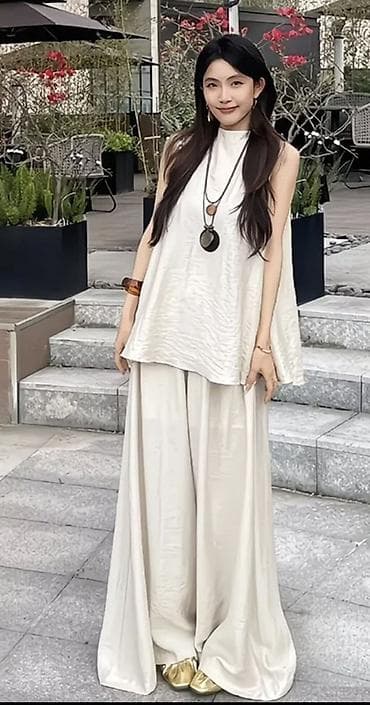 Брючный костюм, Палаццо, Топ, Китай, Сатин, Лето