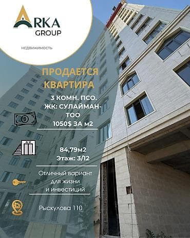 3 комнаты, 84 м², Элитка, 3 этаж, Готовая ПСО (под самоотделку)