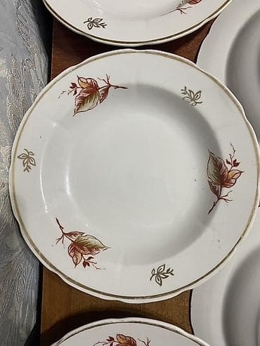кайма: Набор столовых тарелок из тонкого фарфора с цветочным декором. - — 7