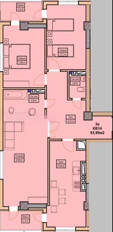 400: 3 комнаты, 94 м², Асанбай мкр Элитка, 2 этаж, ПСО (под самоотделку) — 2