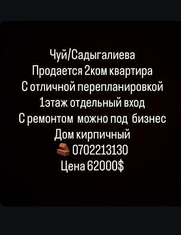 кватиры: 2 комнаты, 59 м², Индивидуалка, 1 этаж, Косметический ремонт — 1