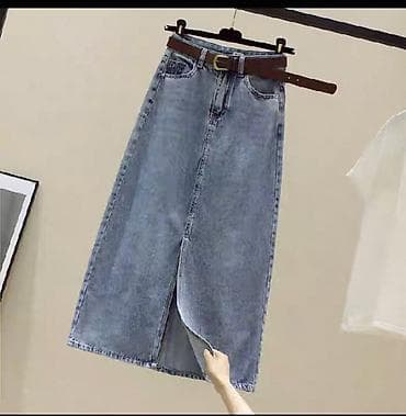 Юбка, Модель юбки: Прямая, Миди, Джинс, С вырезом