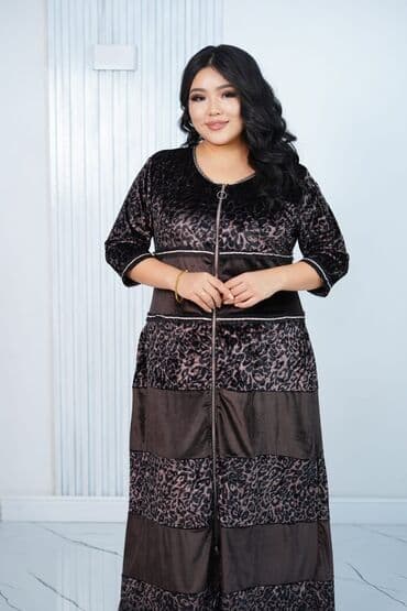 Атайын кийим: Платье-макси с леопардовым принтом и вставками из бархата размеры — 1