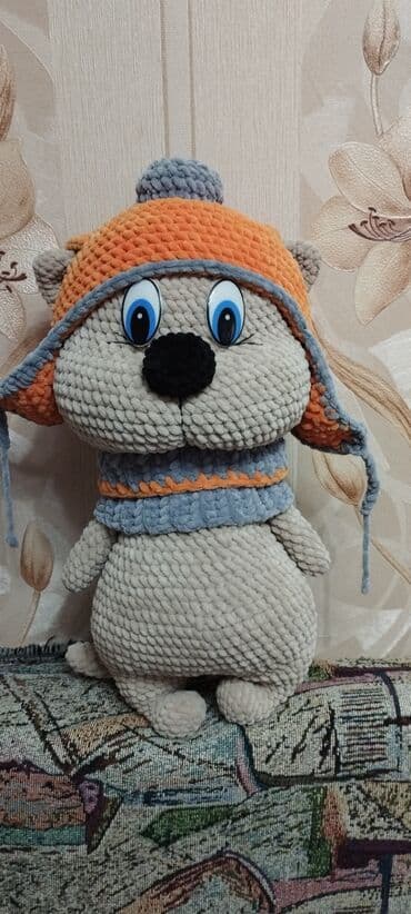 реглан с пайетками перевертышами: Кот из плюша. Ручная работа. Изделие 34 см. Шапка съёмная — 1