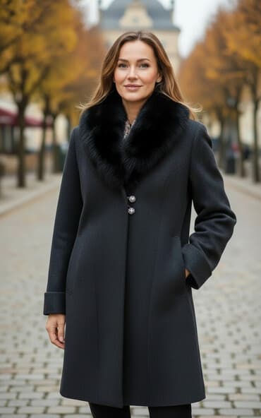 Атайын кийим: Женское тёплое длинное пальто темного синего цвета с объёмным — 1