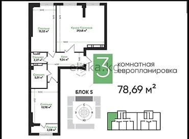 Квартиры: 3 комнаты, 78 м², Элитка, 10 этаж, ПСО (под самоотделку) — 1
