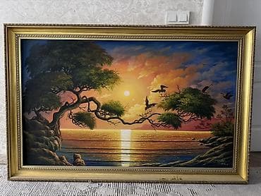 Картина «Закат у моря» в раме. - Сюжет: морской пейзаж с закатным