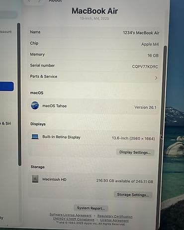 макбук: Ультрабук, Б/у, Apple M4, ОЗУ, RAM: 16 ГБ, В рассрочку — 6