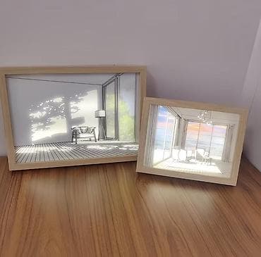 study lamp: Настольная картина-ночник в рамке с принтом интерьера гостиной. В — 2