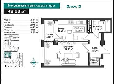2026: 1 комната, 48 м², Элитка, 13 этаж, Евроремонт — 2