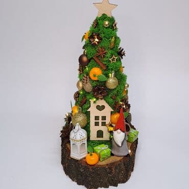 декоративные часы: Новогодняя декоративная композиция «Зимняя деревушка» на спиле дерева — 4