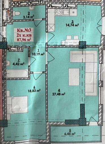 готовые квартиры в рассрочку в бишкеке 2020: 2 комнаты, 87 м², Элитка, 6 этаж, ПСО (под самоотделку) — 3