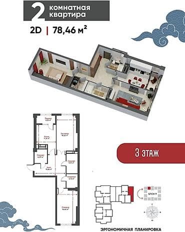 Недвижимость: 2 комнаты, 78 м², Элитка, 3 этаж, Готовая ПСО (под самоотделку) — 4