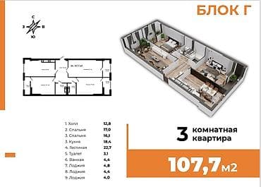 Продажа квартир: 3 комнаты, 107 м², Элитка, 2 этаж, Готовая ПСО (под самоотделку) — 1