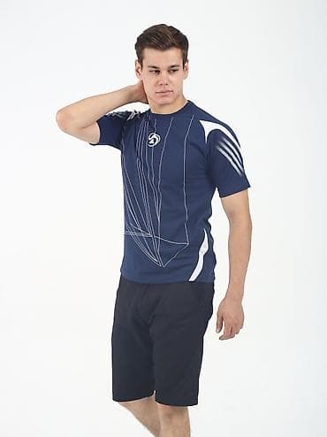 Жеке буюмдар: Мужская спортивная футболка - Цвет: темно-синий с белыми вставками и — 2