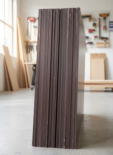 мдф для потолка: Плиты МДФ темно-коричневого цвета, сложенные в аккуратную стопку. Эти — 1