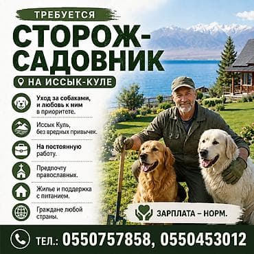 Жумуш: Требуется сторож-садовник. На Иссык-Куле Уход за собаками, и любовь к — 1