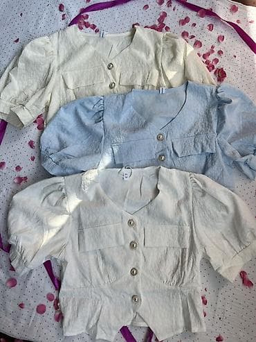 женские блузы и рубашки: Блузка, Однотонный, Укороченная модель — 2