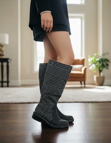 сапоги из натурального меха и кожи: Высокие женские сапоги в клетку «гусиная лапка»/ёлочка, серо‑чёрная — 1