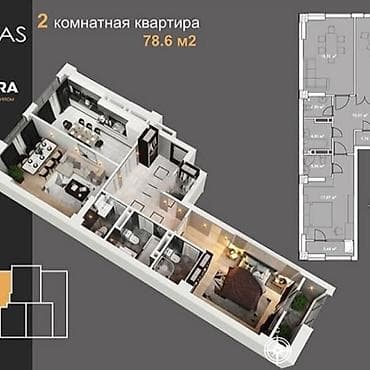 в посёлке манас: 2 комнаты, 76 м², Кок-Жар ж/м Элитка, 8 этаж, ПСО (под самоотделку) — 6