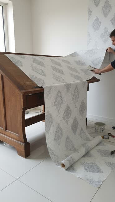 Рулоны обоев с классическим узором и мраморными элементами. Дизайн