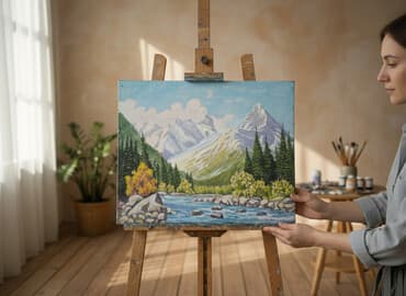 арт картины: Картины маслом на холсте - Сюжеты: горные пейзажи с рекой и елями — 1